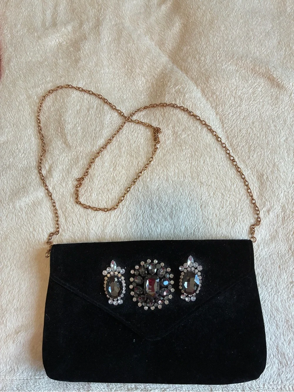 Elegant Black Jeweled Velvet Crossbody Clutch
